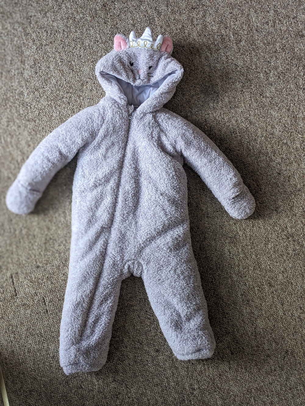 Plush Hooded Baby One-Piece in Light Gray with Pink Accents